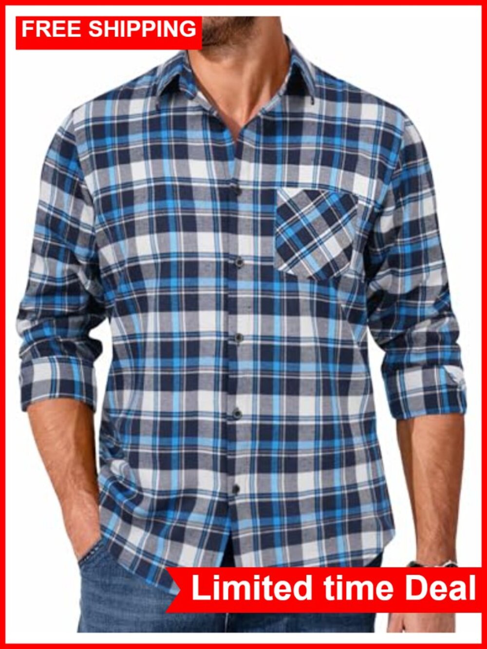 Men's Long Sleeve Plaid Button Down Flannel Shirt Casual Lightweight